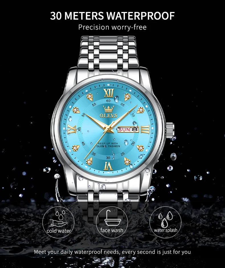 OLEVS 5513 Exclusive Original Quartz Watch for Men Diamond Roman Scale Waterproof Wristwatch Dual Calendar Stainless Steel Watch