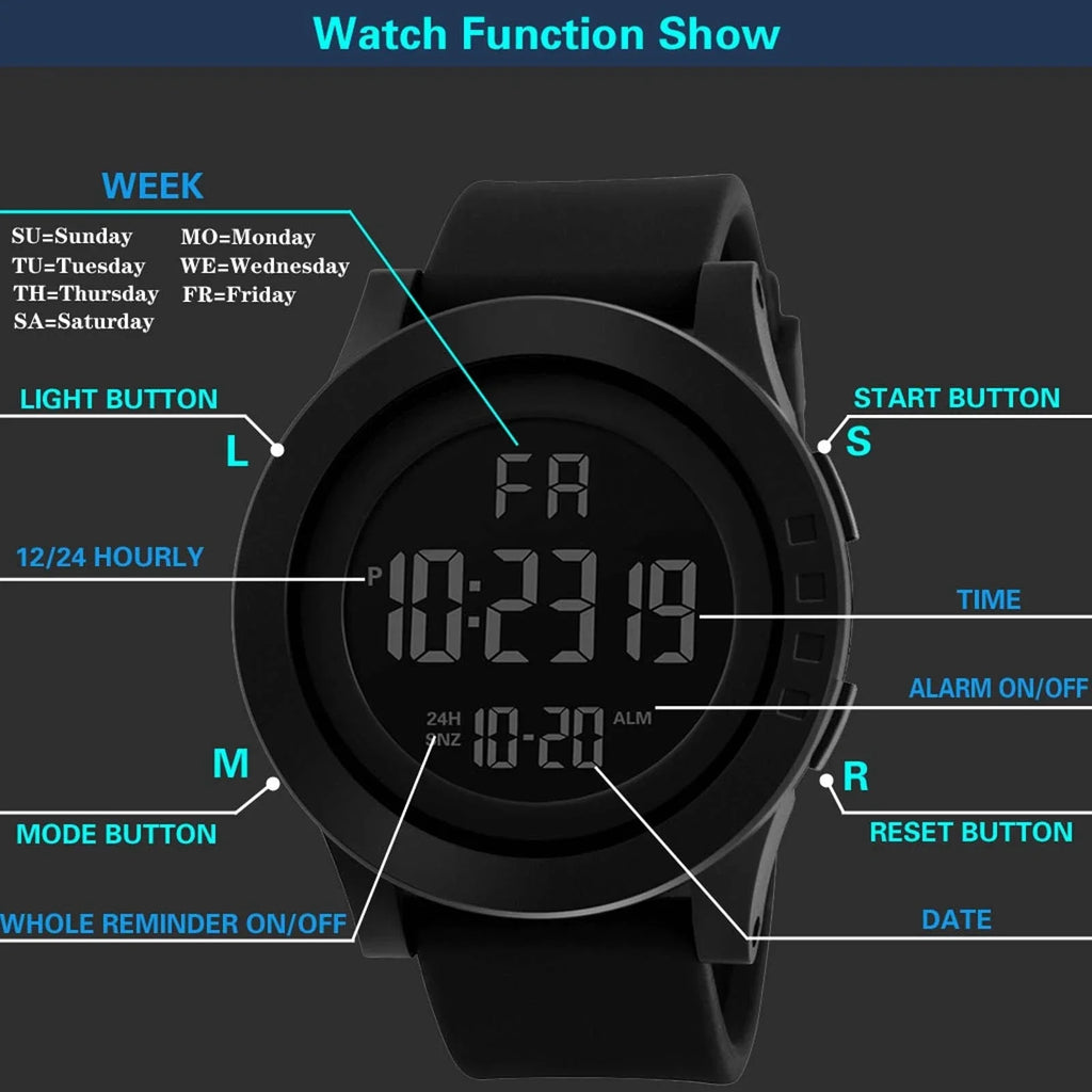 Mens Women Digital Watch Big Dial Light LED Swim Waterproof Rubber Band Alarm Black LED Watches