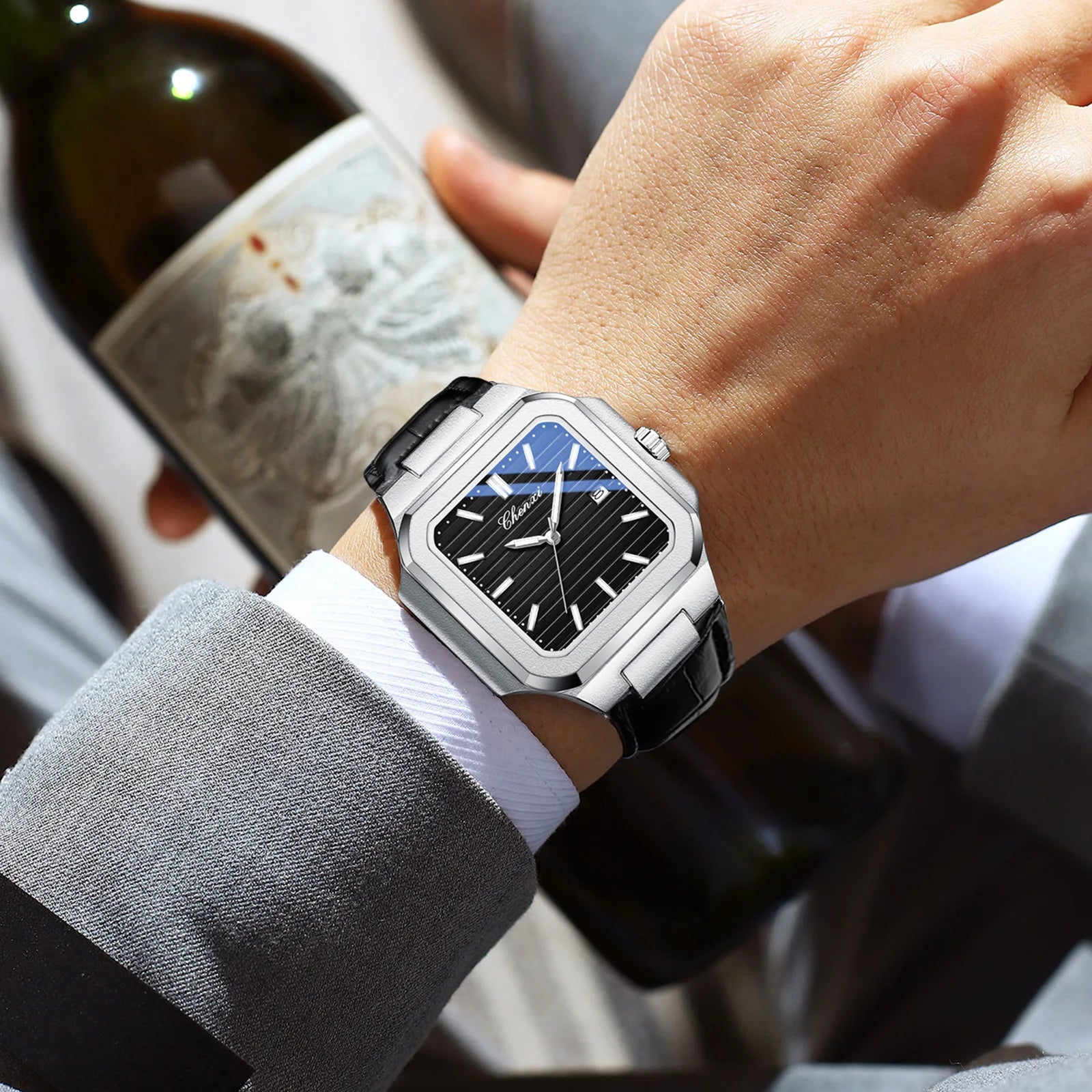 New High Quality Leather Man Watches Business Fashion Date Quartz Luxury Square Watch Men's Waterproof Luminous Clock