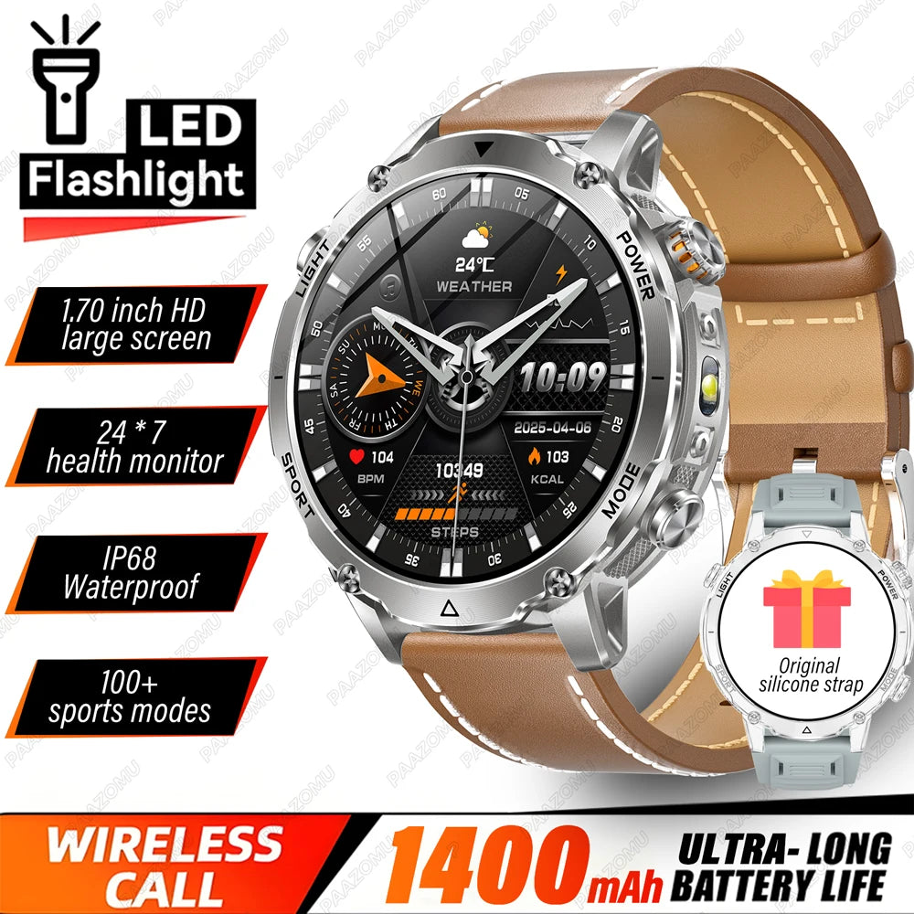 Brand+ Military 1400mAh Battery Smart Watch Men Outdoor Flashlight 10ATM Waterproof Heart Rate Bluetooth Call Sports Bracelets