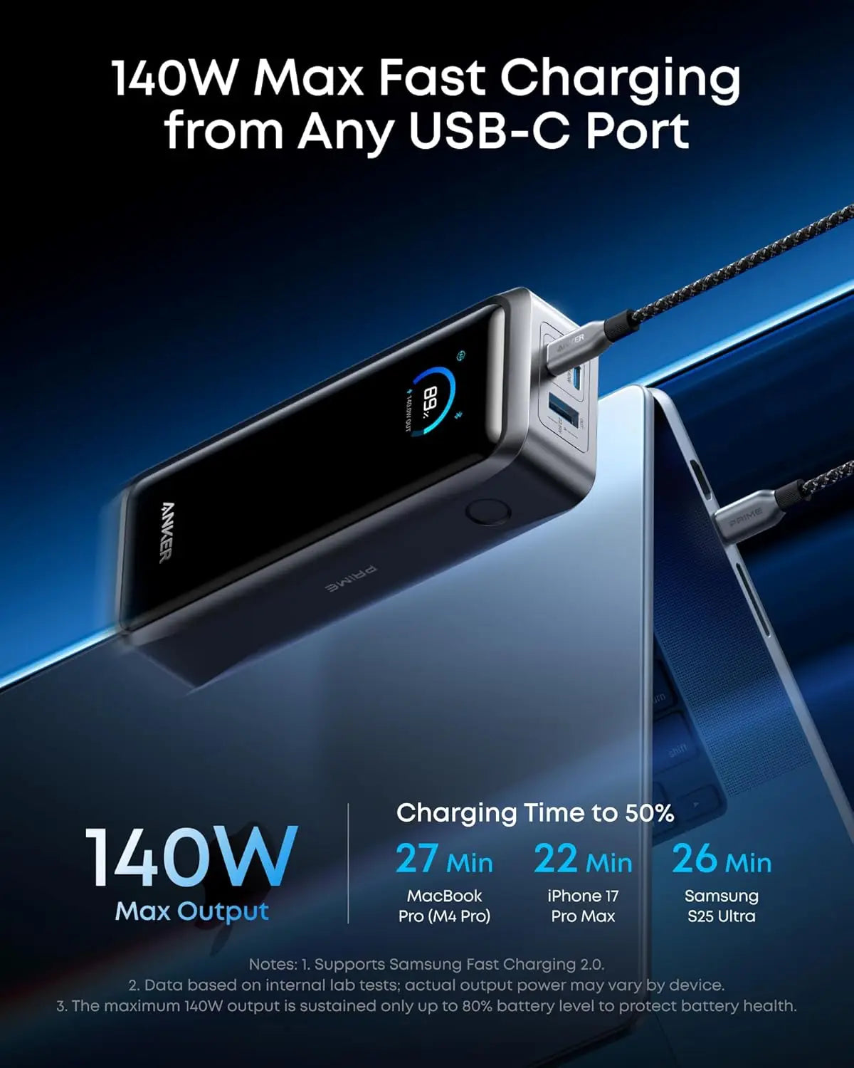Anker Prime Power Bank, 26,250mAh 3-Port Portable Charger with 300W Max Output, Two-Way Charging, TSA-Approved, App Control,