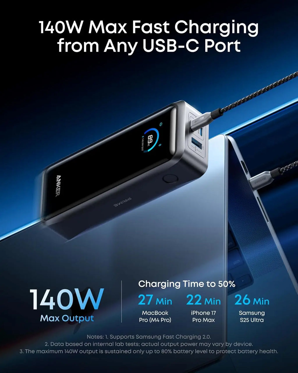 Anker Prime Power Bank, 26,250mAh 3-Port Portable Charger with 300W Max Output, Two-Way Charging, TSA-Approved, App Control,