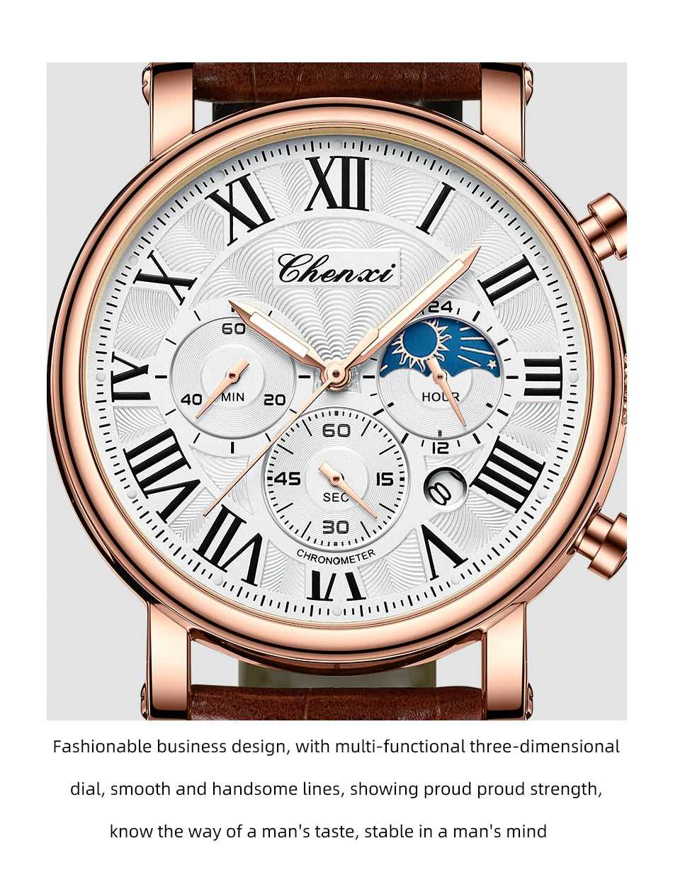 CHENXI Multifunction Men's Watches Business Roman Numerals Leather Strap Quartz Man Watch Chronograph Moon Phase Calendar