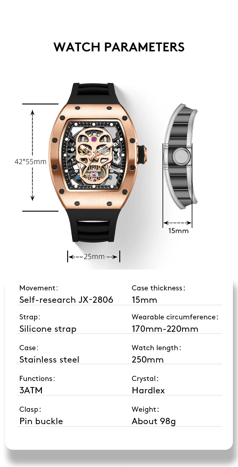 Unique Men Watch Tonneau Casual Wristwatch Soft Silicon Band Fashion Men's Wrist Watches Hollow Out Analog Automatic Watches