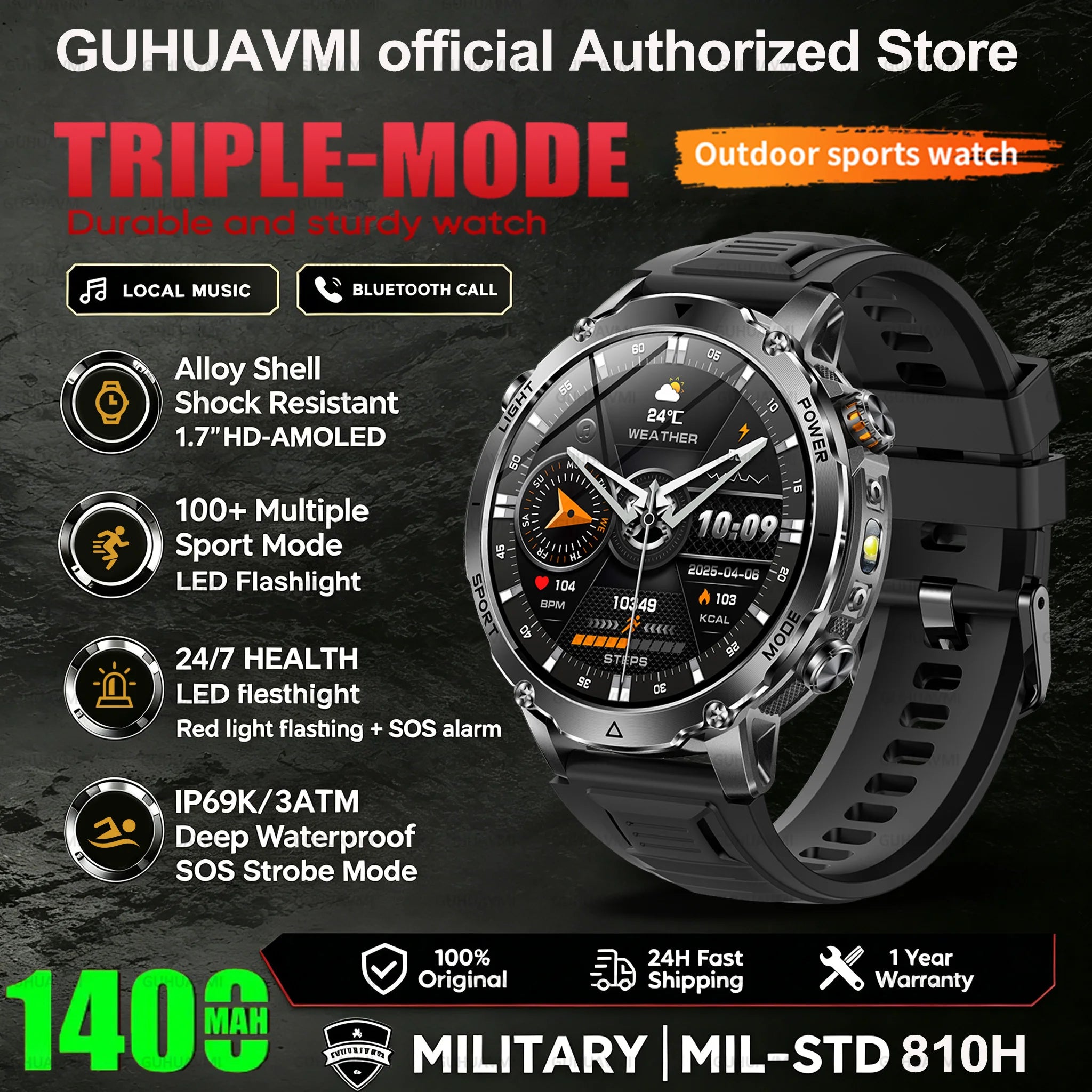 2026 New Smart Watch Bluetooth Call 1400mAh Large Battery Sport Heart Rate 1.7" Military Outdoor Men Smartwatch For Android IOS