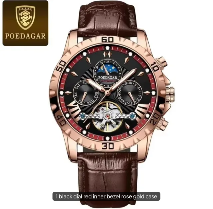 POEDAGAR 1410 Male Waterproof Date Leather Men's Wristwatch Automatic Luxury Men Watches Business Wristwatches Mechanical Watch