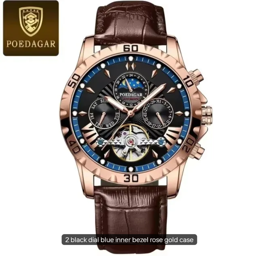 POEDAGAR 1410 Male Waterproof Date Leather Men's Wristwatch Automatic Luxury Men Watches Business Wristwatches Mechanical Watch
