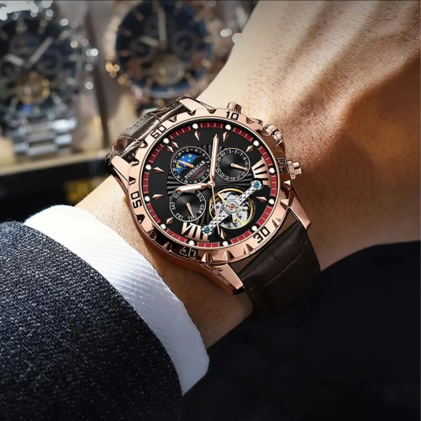 POEDAGAR 1410 Male Waterproof Date Leather Men's Wristwatch Automatic Luxury Men Watches Business Wristwatches Mechanical Watch