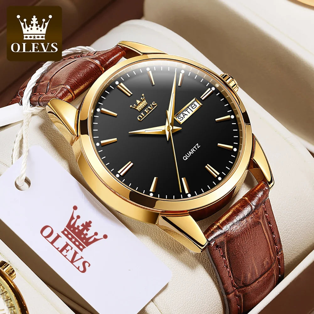 OLEVS  6898 Top Brand Quartz Watch for Men Leather Strap Waterproof Wristwatch Date Week Display Popular Casual Dress Men Watch