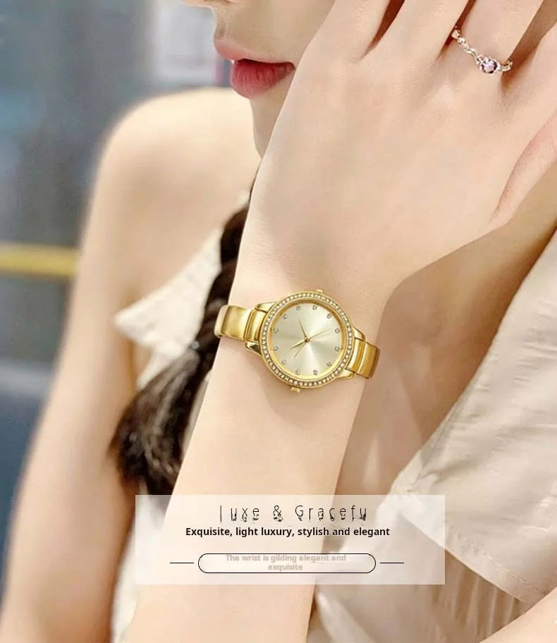 Fashionable Women's Watch Diamond-Set Round Classic Bangle Watch with Rhinestone Markers—Simple Elegant Luxe-Style Quartz Watch