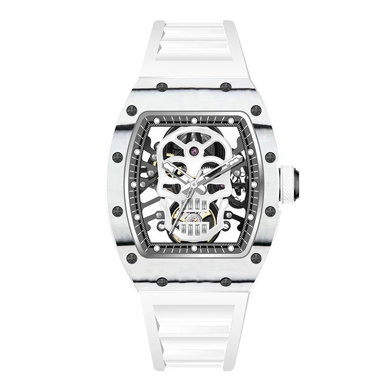 Unique Men Watch Tonneau Casual Wristwatch Soft Silicon Band Fashion Men's Wrist Watches Hollow Out Analog Automatic Watches