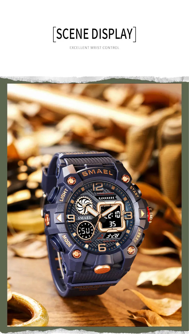 SMAEL Quartz Watch Sport 50M Waterproof Stopwatch Week Display LED Digital Alarm Clock Male 8055 Men Watches Sports Wristwatches