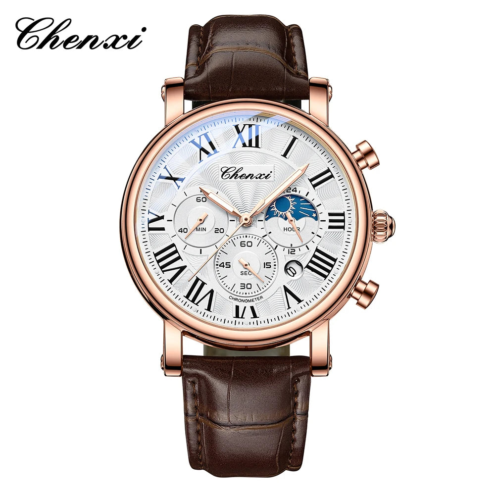 CHENXI Multifunction Men's Watches Business Roman Numerals Leather Strap Quartz Man Watch Chronograph Moon Phase Calendar
