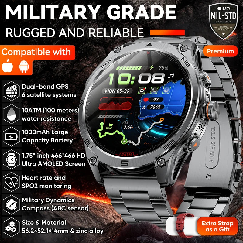 2026New Military Grade 1000mAh Battery GPS Smart Watch 10ATM Waterproof Compass Altimeter Call AMOLED Men Swim Sports Smartwatch