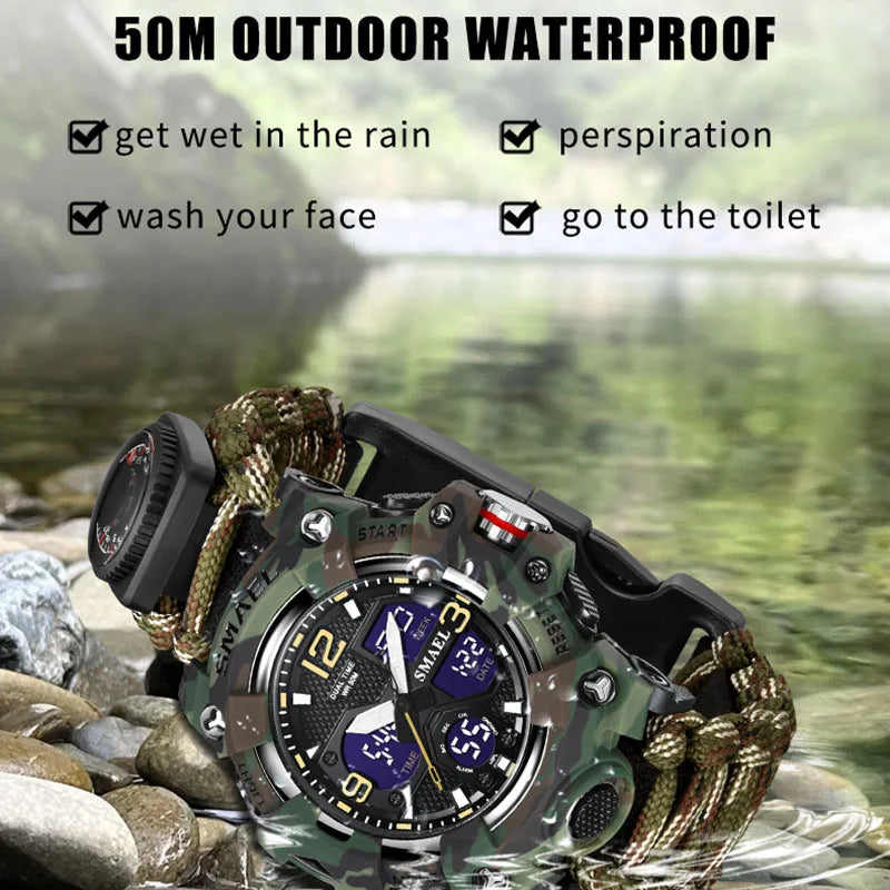 SMAEL 8008N Men's Military Sport Watch - 50M Waterproof LED Dual Time Alarm Stopwatch Compass SOS Shockproof