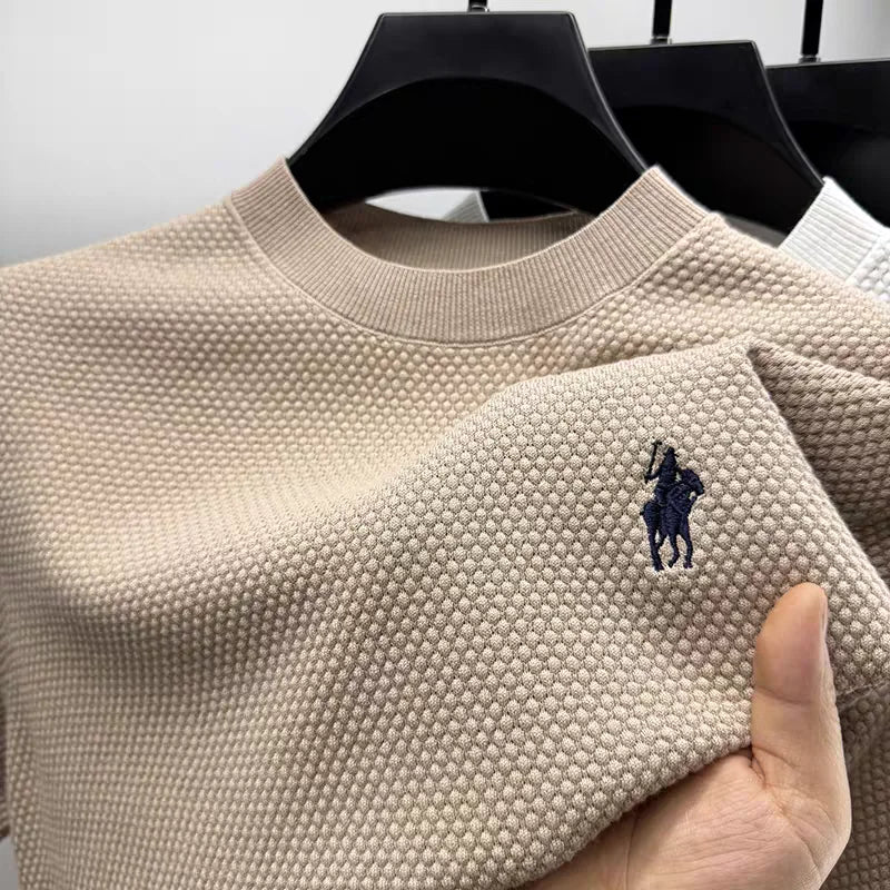 Luxury 100% cotton knitted short sleeve T-shirt high-end brand pony embroidery summer solid color  men's casual round neck top