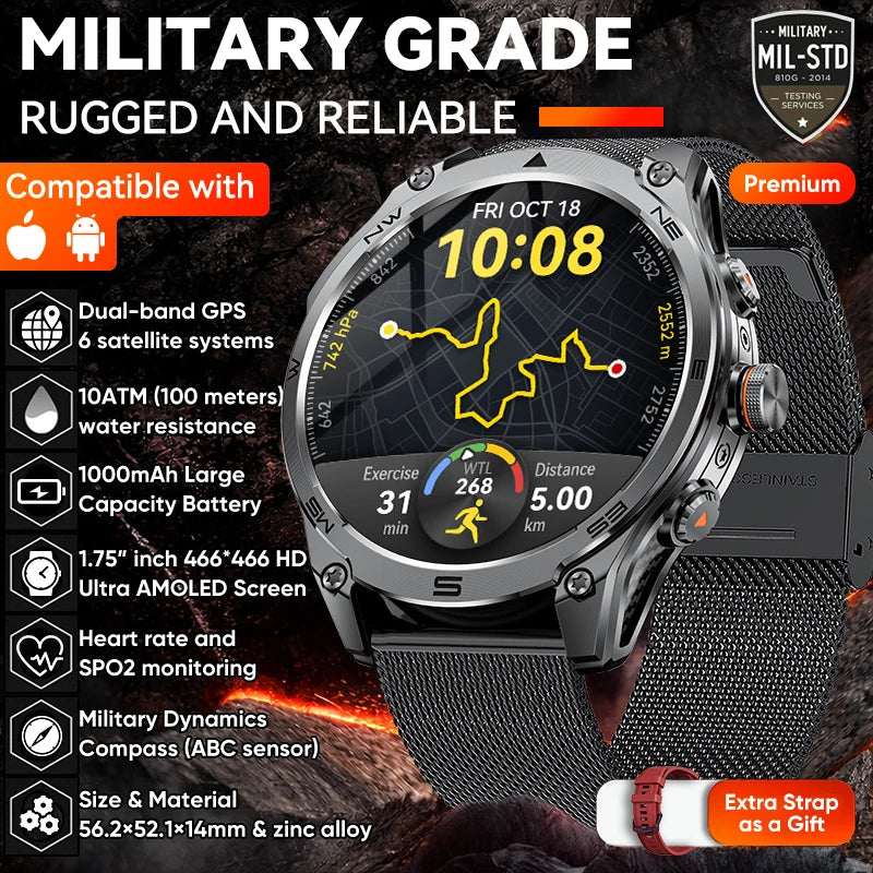 2026New Military Grade 1000mAh Battery GPS Smart Watch 10ATM Waterproof Compass Altimeter Call AMOLED Men Swim Sports Smartwatch