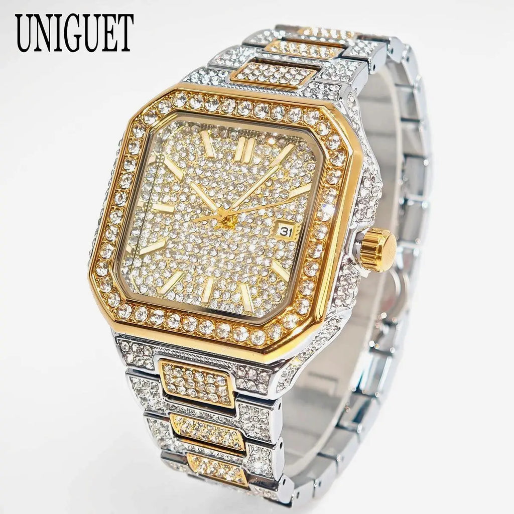 2025 New Black Iced Watch For Men Brand UNIGUET Fashion Waterproof Quartz Watch Man Hip Hop Diamond Jewelry Square Wristwatch
