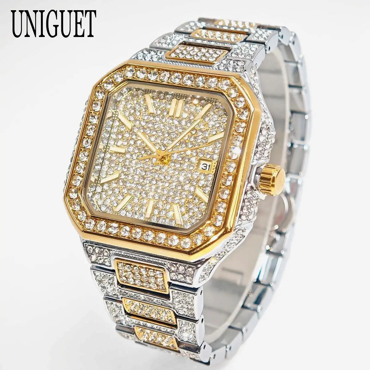 2025 New Black Iced Watch For Men Brand UNIGUET Fashion Waterproof Quartz Watch Man Hip Hop Diamond Jewelry Square Wristwatch