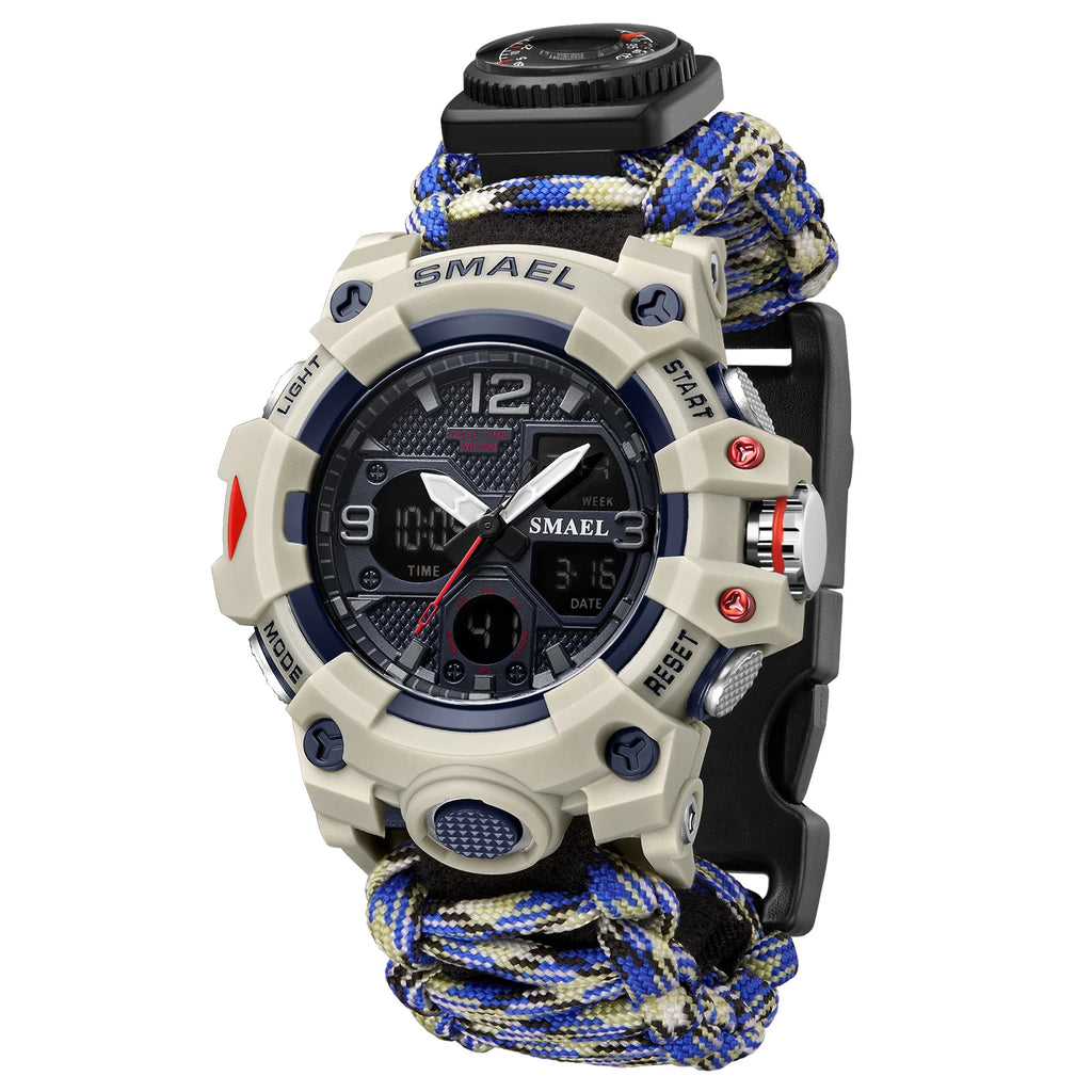 SMAEL 8008N Men's Military Sport Watch - 50M Waterproof LED Dual Time Alarm Stopwatch Compass SOS Shockproof