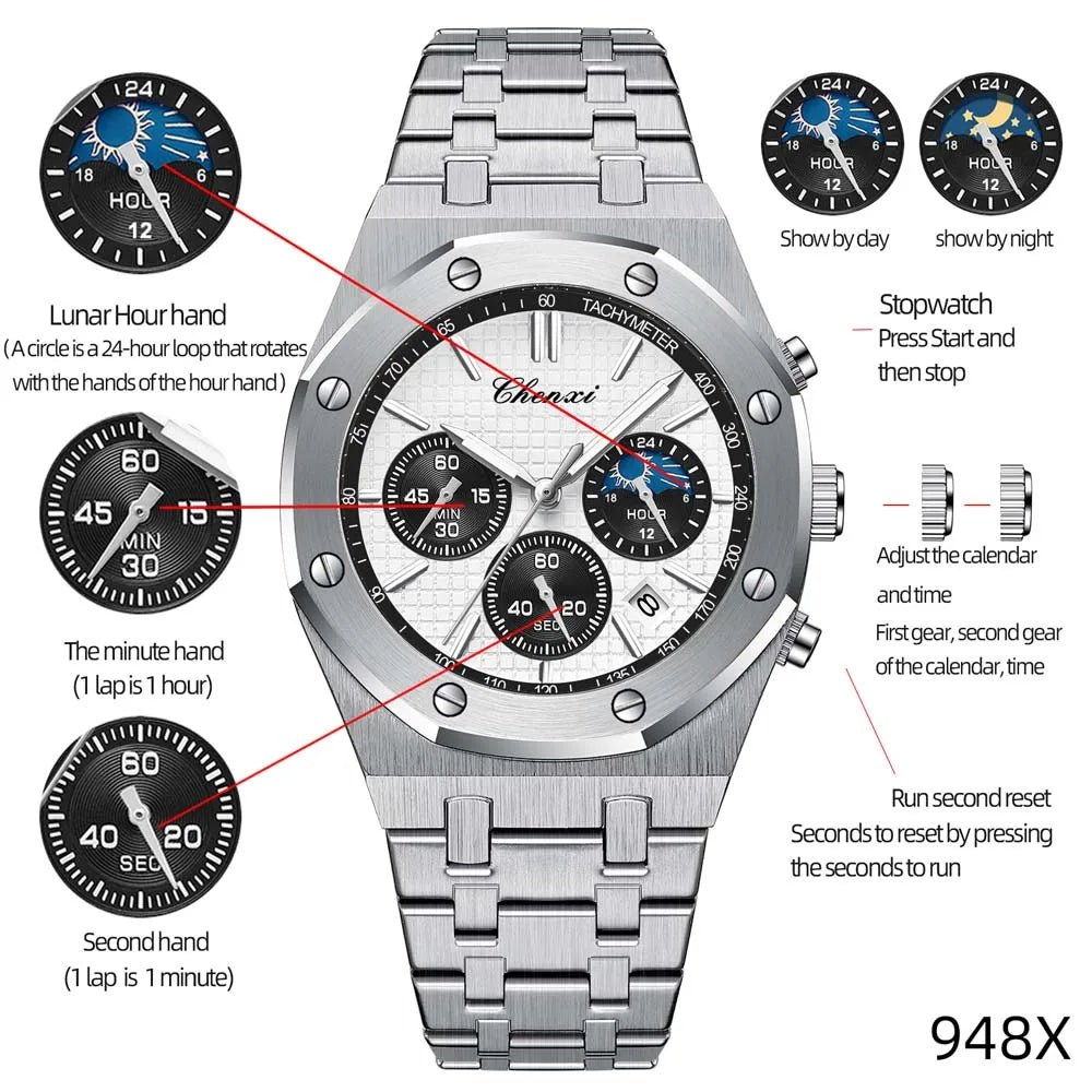 CHENXI  Multifunctional Men's Watches Luxury Brand Calendar Luminous  Waterproof Men Wristwatch High Quality Quartz male Watch