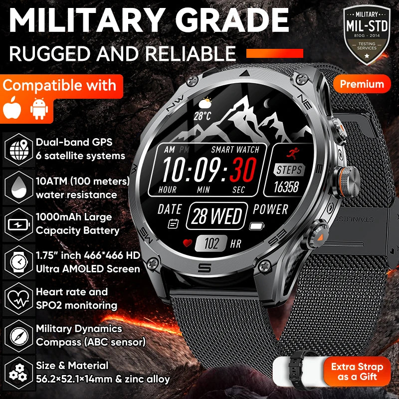 2026New Military Grade 1000mAh Battery GPS Smart Watch 10ATM Waterproof Compass Altimeter Call AMOLED Men Swim Sports Smartwatch