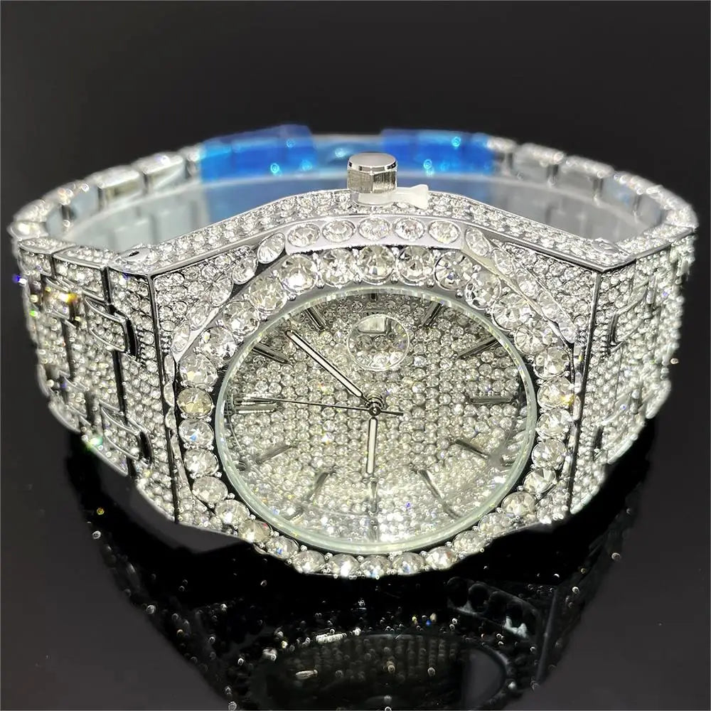 UNIGUET Cool Black Watch For Men Luxury Stainless Steel Quartz Watches Fashion Hip Hop Iced Diamond Wristwatch Man Dropshipping