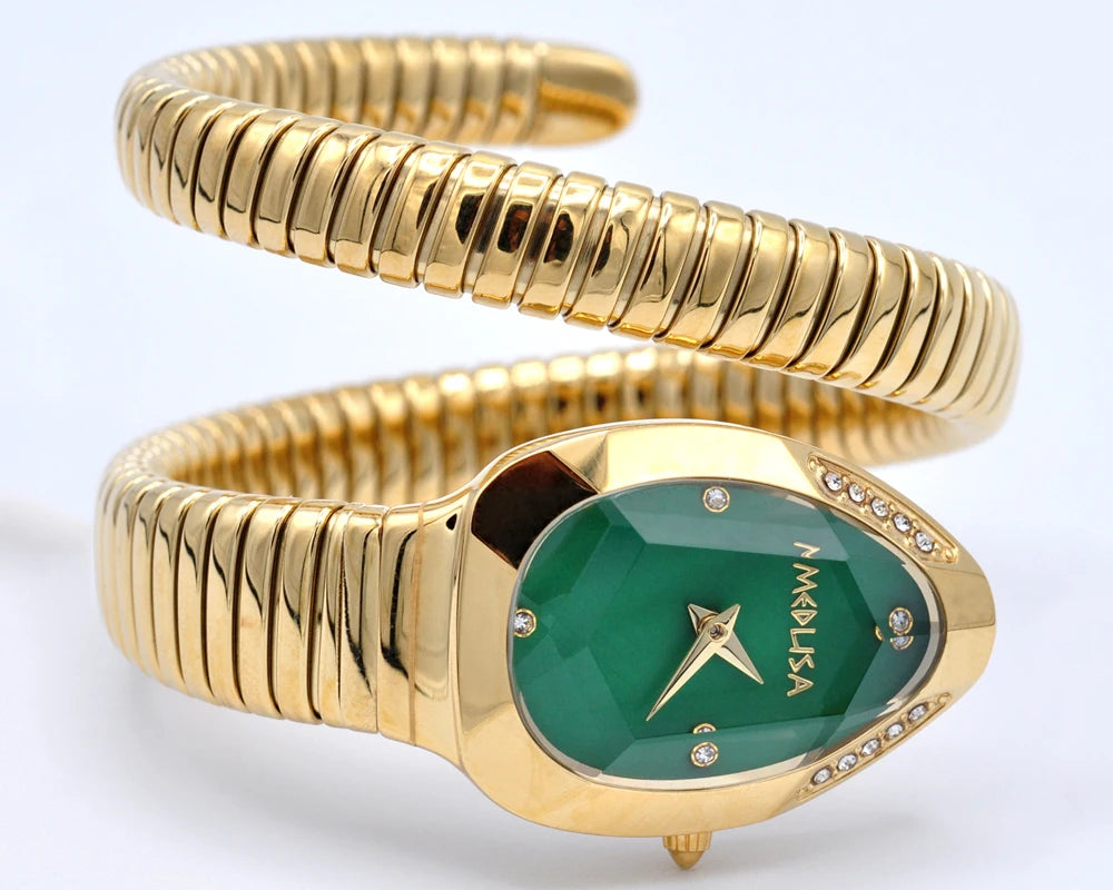 2026 High Quality Gold Diamond Set Snake Shaped Dress Watch Bangle Style Fashionable Unique Brand Same Style Women's Wristwatch