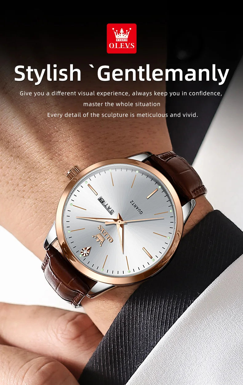 OLEVS 2935 Men Quartz Watch Dual Calendar Luminous Classic Business Watch For Men Fashion Original Waterproof Dress Wristwatch
