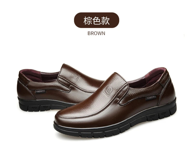 Mens Black Genuine Leather Slip On Loafers Soft Cushioned Sole Comfortable Business Casual Shoes For Middle Aged Dad Daily