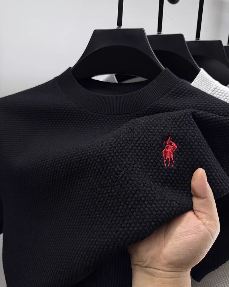 Luxury 100% cotton knitted short sleeve T-shirt high-end brand pony embroidery summer solid color  men's casual round neck top