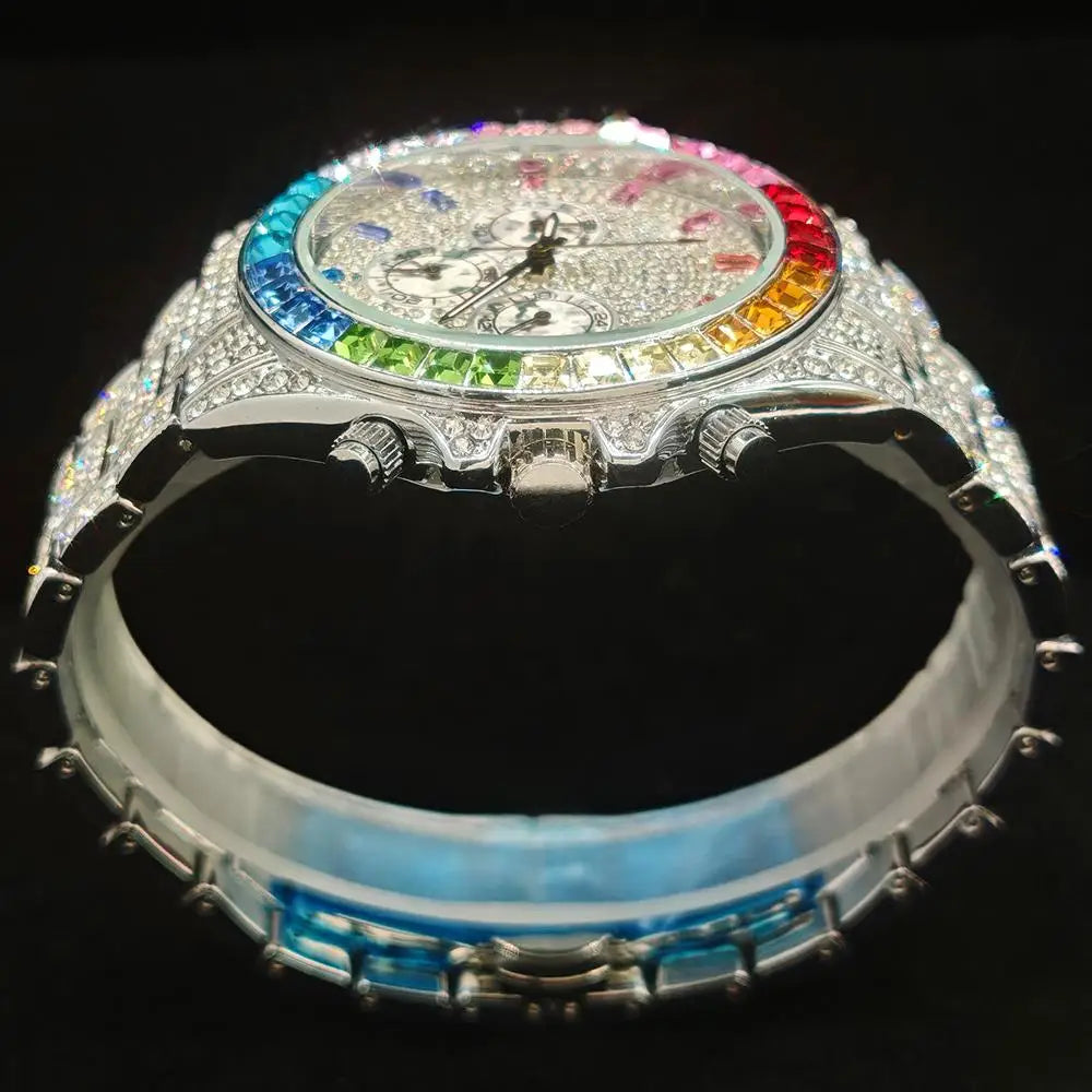 Hot Sell Fashion Gold Watch For Men Brand UNIGUET Hip Hop Rainbow Diamond shiny Jewelry Quartz Wristwatch Male Dropshipping