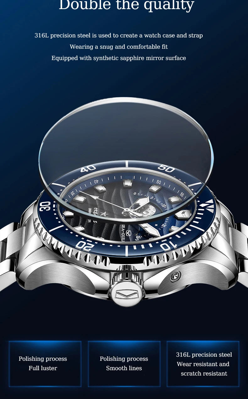 Seagull 43.5mm Diving Watch 300M Waterproof Automatic Mechanical Wristwatch Moon Phase Luminescent Men Watches 1215 New 2025