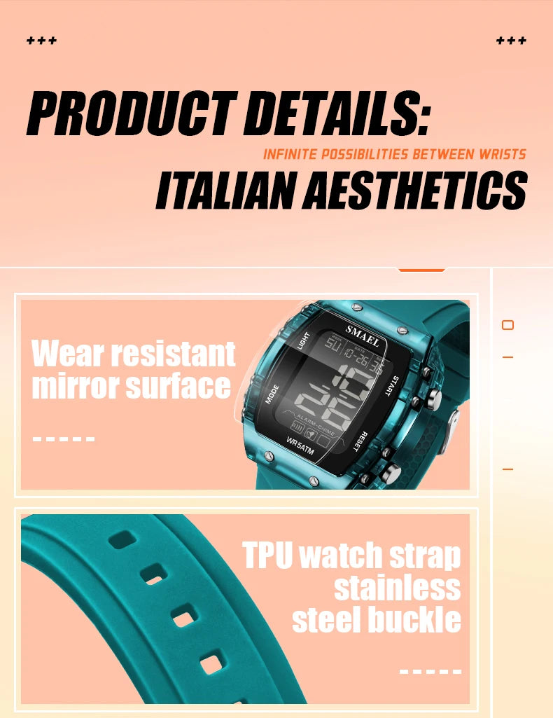 SMAEL Watches for Women LCD Digital Movement Silicone Strap Clock Fashion Trend Waterproof Sport Electronic Wristwatches Female