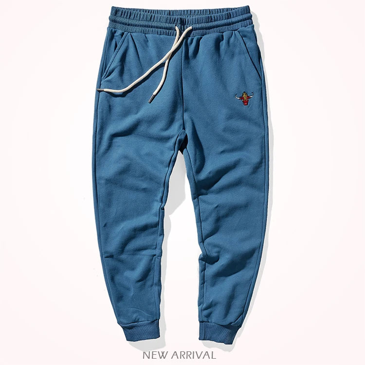 Autumn Winter American Retro Knitted Velvet Embroidery Sweatpants Men's Fashion Pure Cotton Loose Drawstring Sport Casual Pants