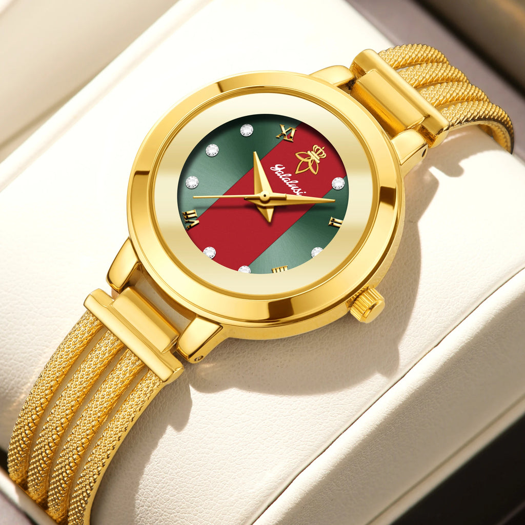 YaLaLuSi Brand Fashion Hot Ladies Quartz Watch Rhinestone Analog Scale Luxury Gold Watch Skeleton Wristband Gift Boxed