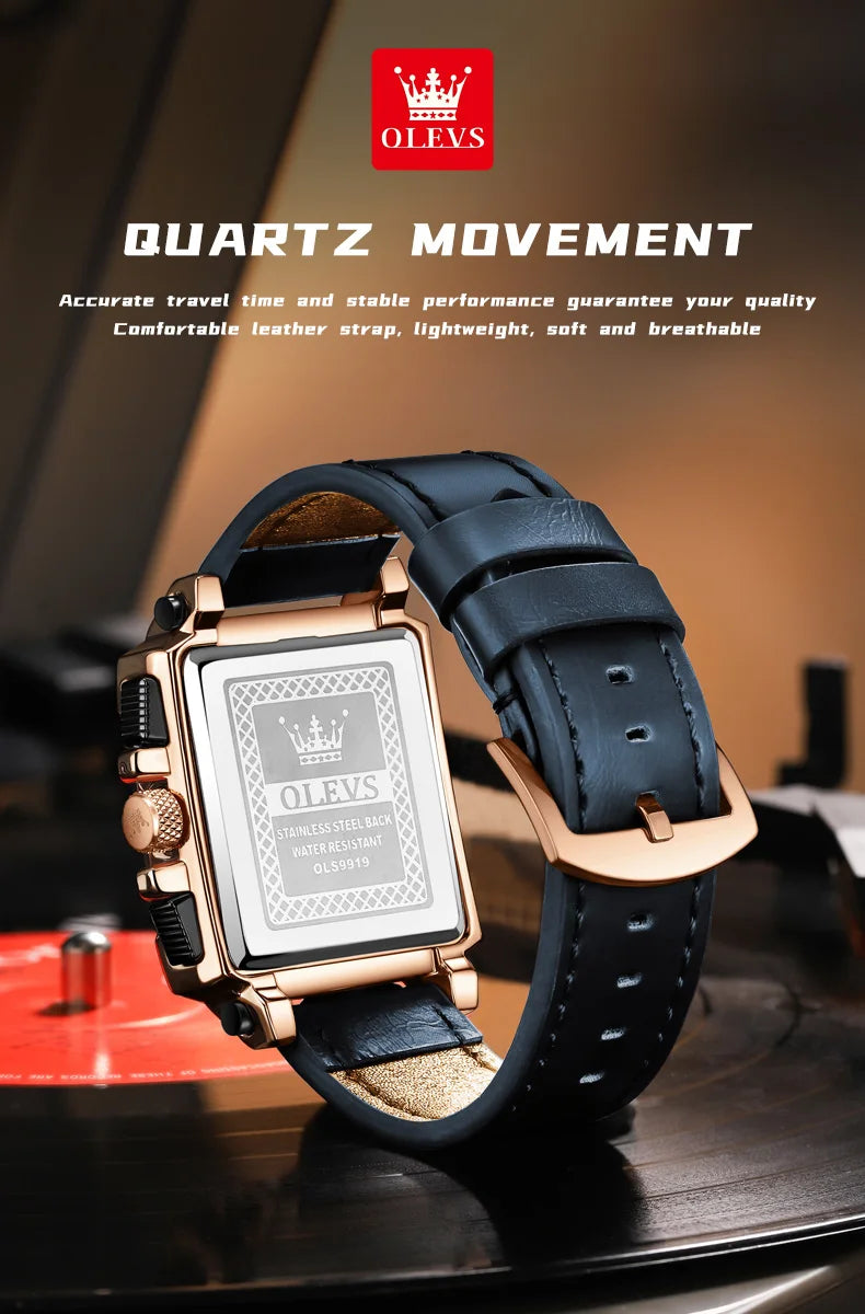 OLEVS 9919 Chronograph Multifunctional Quartz Men's Watch Leather strap 45MM Square Big Dial Leisure Sports TOP Brand Male Watch