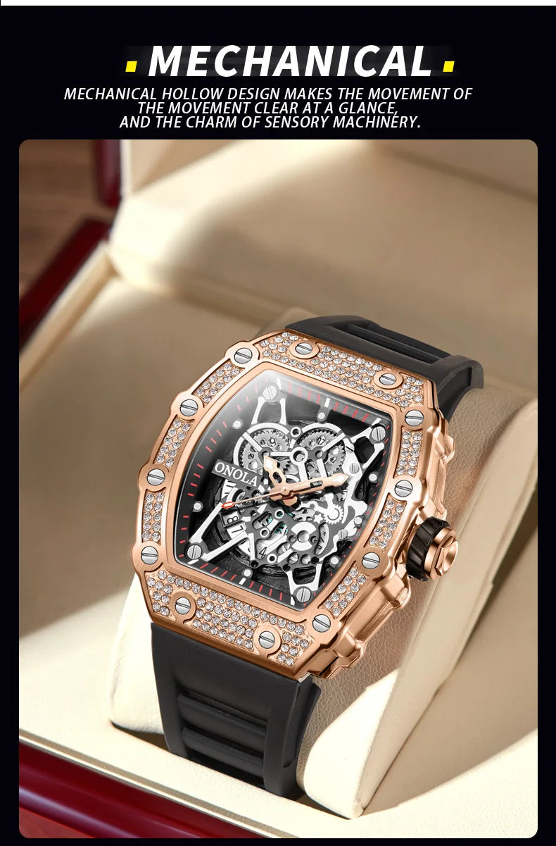 ONOLA Fashion Watch For Men Automatic Date Sports Silicone Strap Tonneau Clock Iced Diamond Quartz WristWatch Reloj Dropshipping