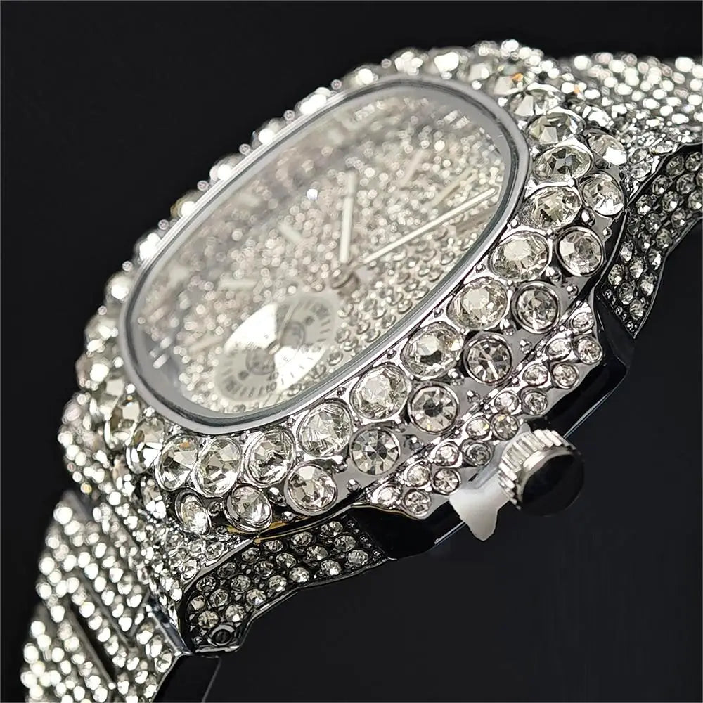 Hot Sell Luxury Iced Watch Mens Fashion Stainless Steel Gold Wristwatch Hip Hop Diamond Bling Jewelry Watch For Man Reloj Hombre