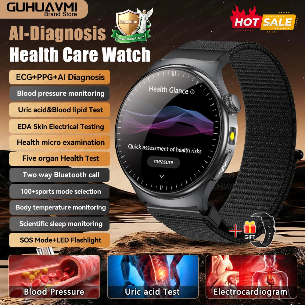 Newly Upgared Precise Health Diagnosis Smart Watch ECG Uric Acid Blood Pressure Micro Physical Examination Clock For Android iOS