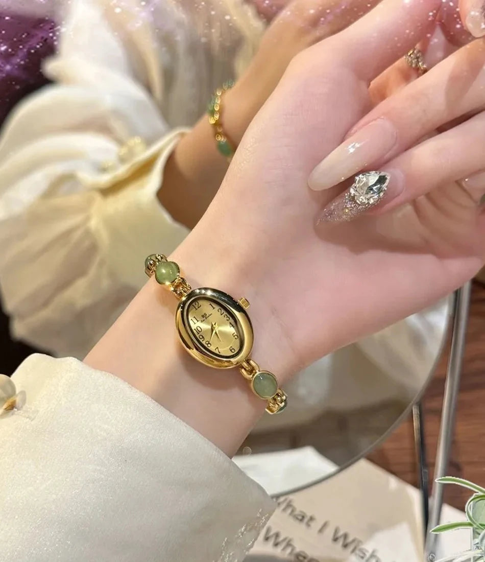 Luxury Vintage Quartz Women's Watches Fashion Natural Green Jade Bracelet Clock Numerals Small Oval Dial Watch Woman Accesories