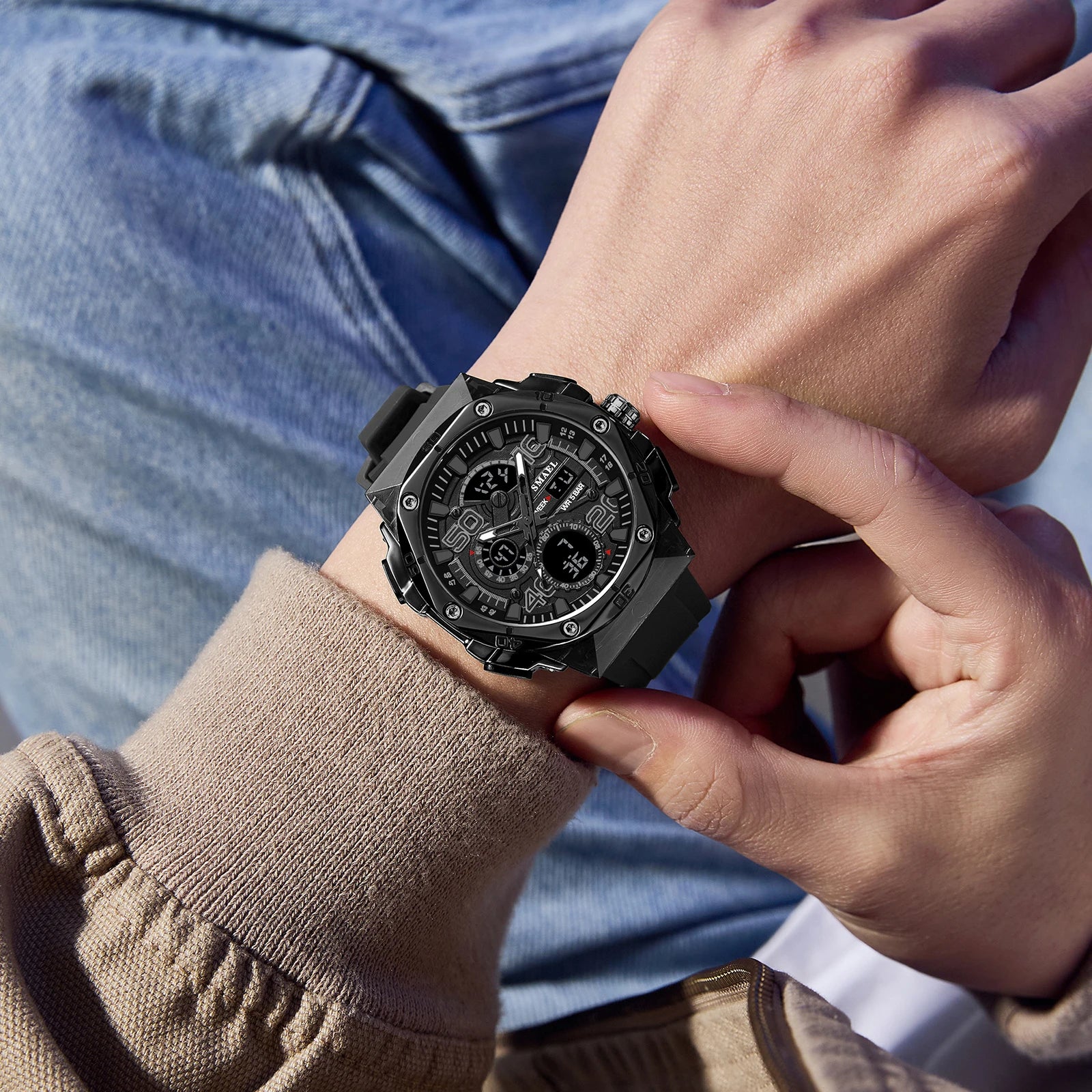 SMAEL Men's Sport Digital LED Watch Dual Time Stopwatch Alarm Clock 50M Waterproof 8113 Wristwatch Sports Army Military Watches