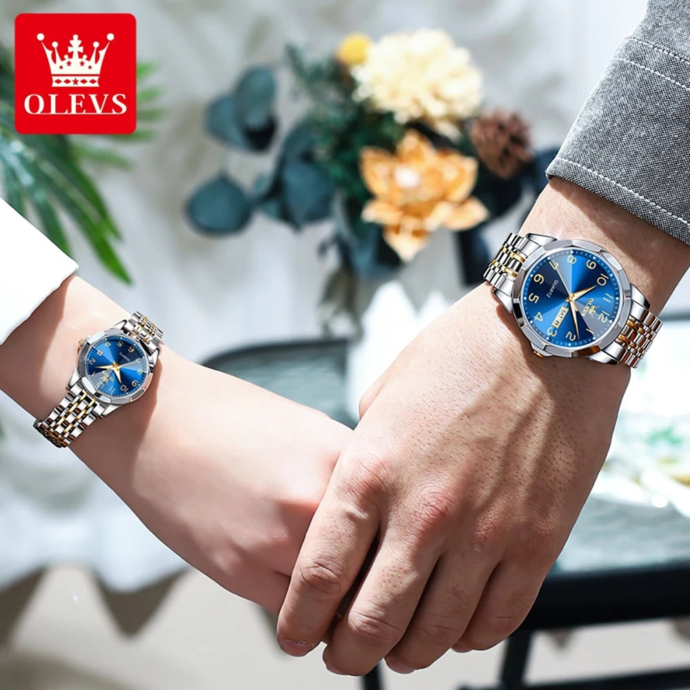 OLEVS 9970 Couple Watch For Men Women Luxury Number Dial Rhombus Mirror Quartz Hand Clock Stainless Steel Original Dress Watches