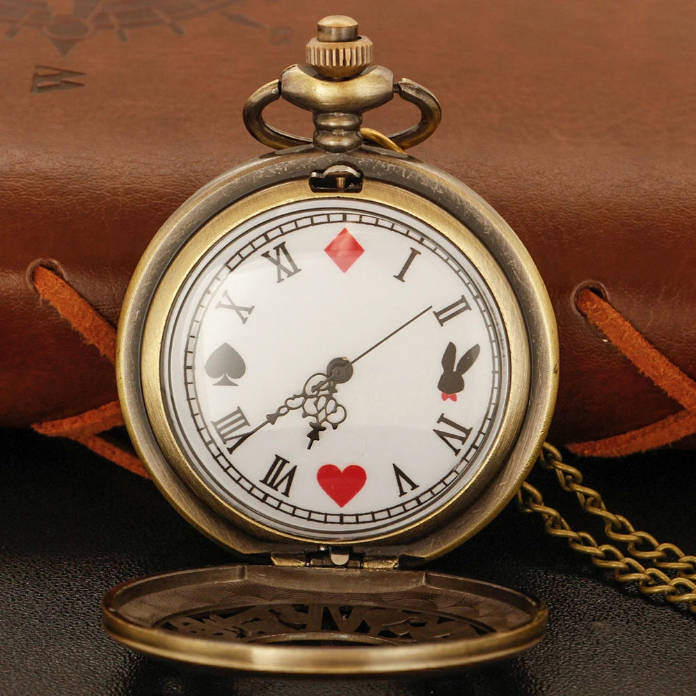 Cute Red Spade Rabbit Poker Quartz Pocket Watch Vintage Gentleman Pendant Universal Festival Gift for Boys and Girls