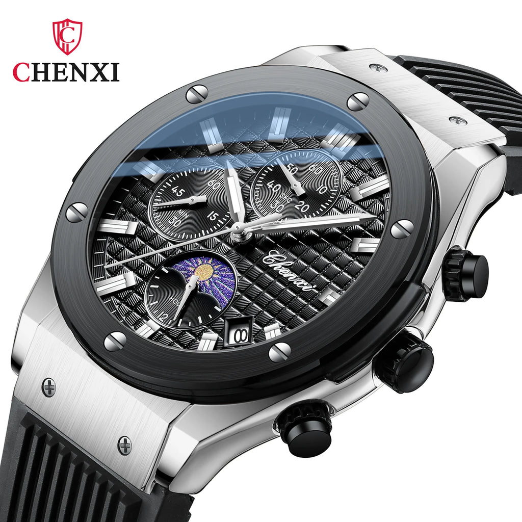 CHENXI Original Watch Quartz Waterproof Sports Watches Men Silicone Strap Chronograph Calendar Multi Functional Wristwatches