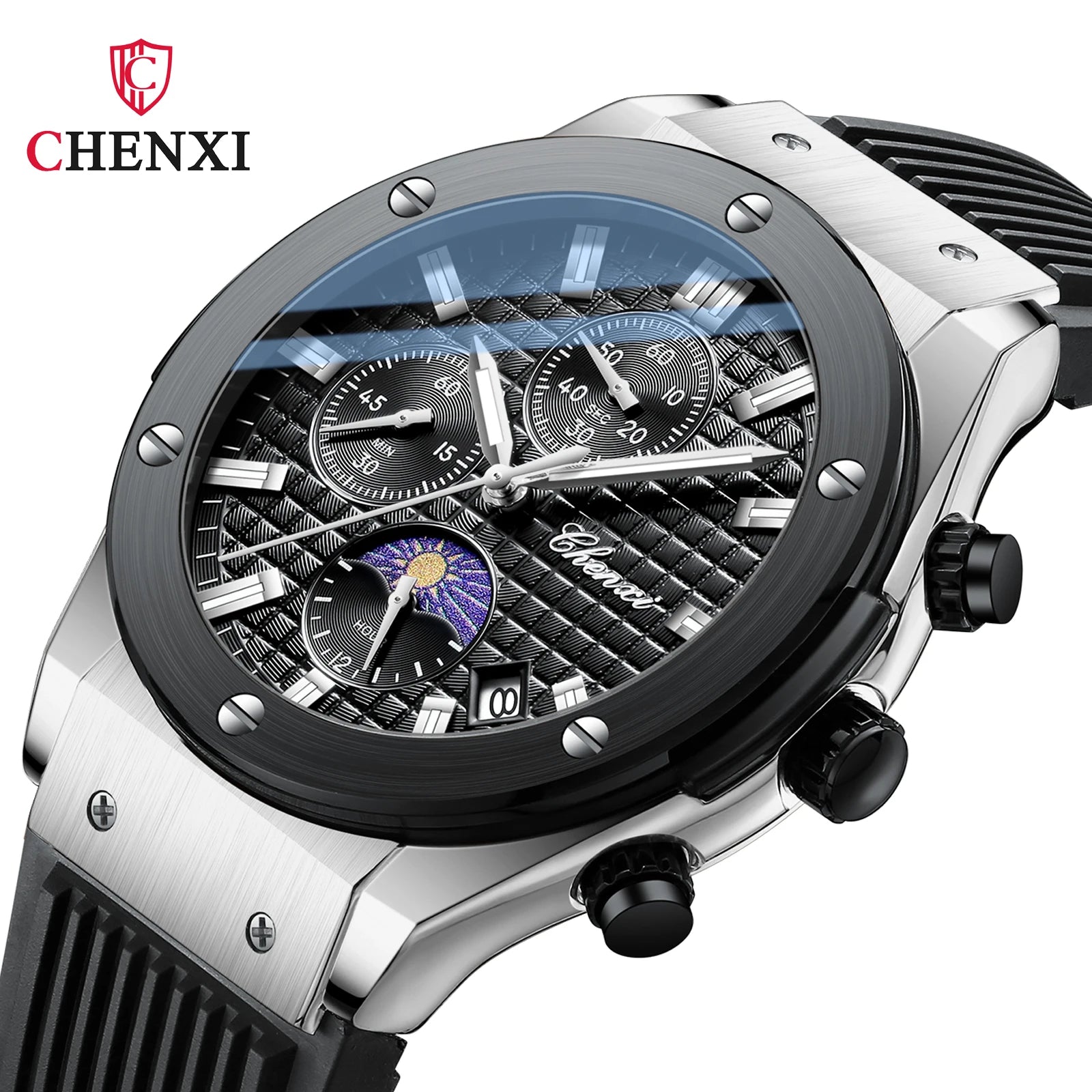 CHENXI Original Watch Quartz Waterproof Sports Watches Men Silicone Strap Chronograph Calendar Multi Functional Wristwatches