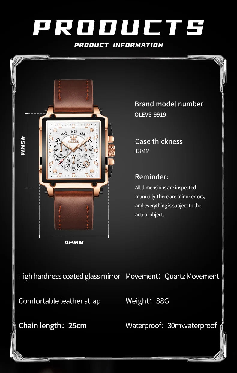 OLEVS Mens Watch Square Quartz Watch Multifunctional Business Watches For Man Waterproof Luminous Box Gift Leather Strap 9919