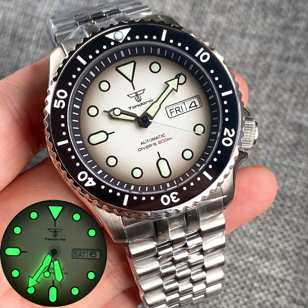 Diving Tandorio NH36 Week Date Steel Mechanical Watch Men 120clicks Bezel Chapter Ring 3.8 Crown 20ATM Waterproof SKX Mod Clock