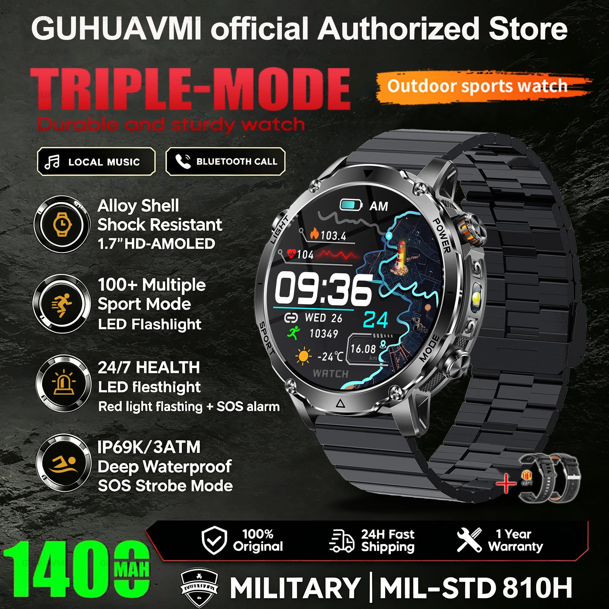 2026 New Smart Watch Bluetooth Call 1400mAh Large Battery Sport Heart Rate 1.7" Military Outdoor Men Smartwatch For Android IOS