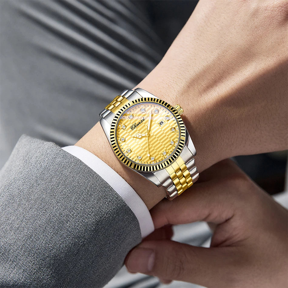 CHENXI Man Watch Classic Fashion Gold Quartz Steel Strap Watches Men Diamond-Set Round Luminous Water-Resistant Date